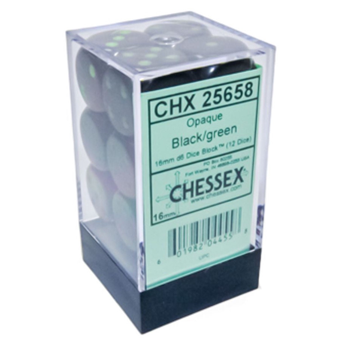 Chessex Opaque Black w/ Green 16mm D6